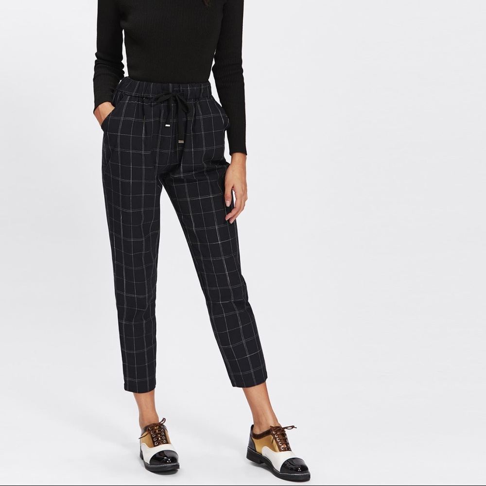 NWOT Black Drawstring Plaid Grid Crop Pants